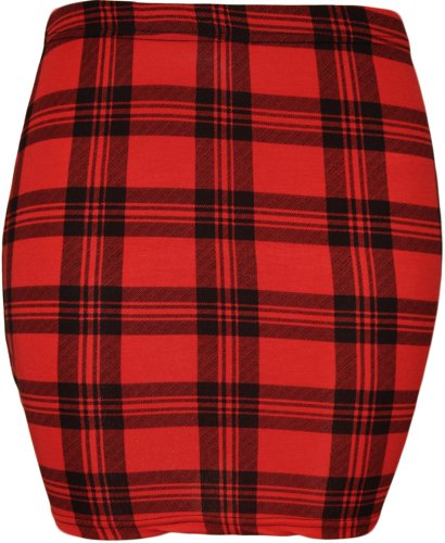 WearAll - Mujeres Stretch Bodycon Elásticos Imprimir Corta Jersey Minifalda - Rojo Tartán - 40-42