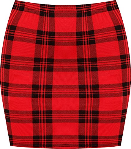 WearAll - Mujeres Stretch Bodycon Elásticos Imprimir Corta Jersey Minifalda - Rojo Tartán - 40-42