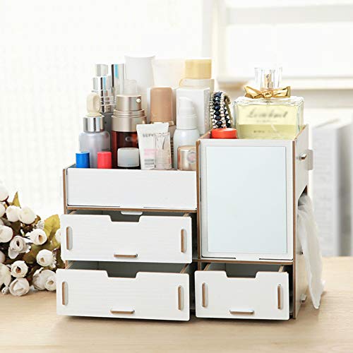 Weehey Caja de Almacenamiento de Escritorio Multifuncional Caja de Organizador de Maquillaje de Madera con Espejo Cajones múltiples Capacidad Grande Contenedor de joyería DIY Caja de Almacenamiento