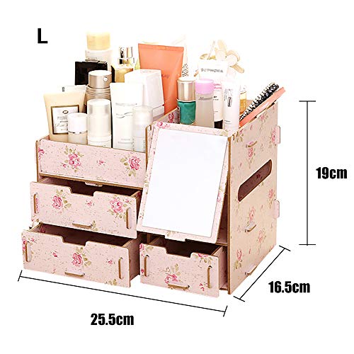 Weehey Caja de Almacenamiento de Escritorio Multifuncional Caja de Organizador de Maquillaje de Madera con Espejo Cajones múltiples Capacidad Grande Contenedor de joyería DIY Caja de Almacenamiento