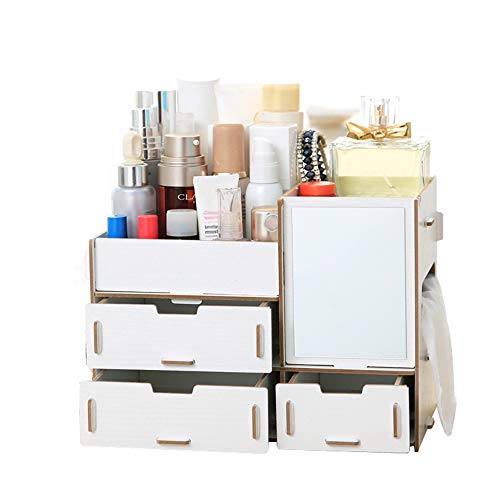 Weehey Caja de Almacenamiento de Escritorio Multifuncional Caja de Organizador de Maquillaje de Madera con Espejo Cajones múltiples Capacidad Grande Contenedor de joyería DIY Caja de Almacenamiento