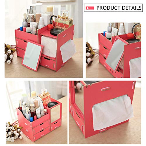 Weehey Caja de Almacenamiento de Escritorio Multifuncional Caja de Organizador de Maquillaje de Madera con Espejo Cajones múltiples Capacidad Grande Contenedor de joyería DIY Caja de Almacenamiento