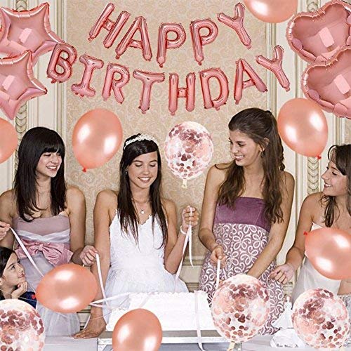 Weimi 60 Birthday Decorations Rose Gold for Girls Lámina autoinflable Happy Birthday Banner Star Heart Foil Globo Confeti Látex Globos con Cadena Transparente para Niñas Mujeres Party Supplies