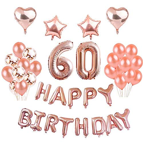 Weimi 60 Birthday Decorations Rose Gold for Girls Lámina autoinflable Happy Birthday Banner Star Heart Foil Globo Confeti Látex Globos con Cadena Transparente para Niñas Mujeres Party Supplies