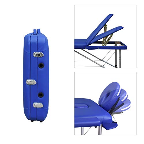 Wellhome Mesa de Masaje de 3 Secciones Aluminio Camilla Cama Portatil Plegable Ligera Camillas Masajes de Profesional Altura Ajustable con Reposacabezas, Apoyabrazos, Bolsa de transporte (Azul)