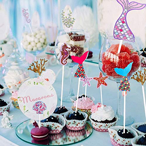 WELLXUNK Sirena Cupcakes Decoración, 55 Piezas Sirena Decoracion Tarta, Sirena Cupcake Toppers, Topper de Pastel de Cumpleaños, para Fiesta de Cumpleaños, Baby Shower y Fiesta de Bodas