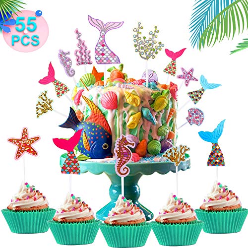 WELLXUNK Sirena Cupcakes Decoración, 55 Piezas Sirena Decoracion Tarta, Sirena Cupcake Toppers, Topper de Pastel de Cumpleaños, para Fiesta de Cumpleaños, Baby Shower y Fiesta de Bodas