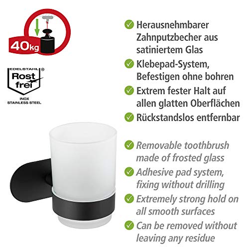 Wenko Turbo-Loc Uno Orea Black - Portacepillos de Dientes (fijación sin Agujeros, Vaso extraíble de Cristal Satinado, Soporte de Acero Inoxidable, 10 x 9,5 x 10 cm)