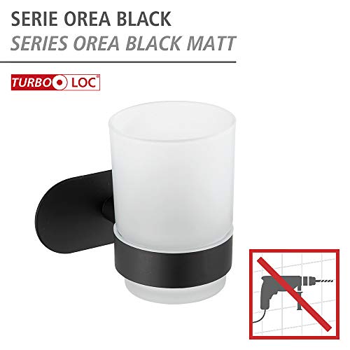 Wenko Turbo-Loc Uno Orea Black - Portacepillos de Dientes (fijación sin Agujeros, Vaso extraíble de Cristal Satinado, Soporte de Acero Inoxidable, 10 x 9,5 x 10 cm)