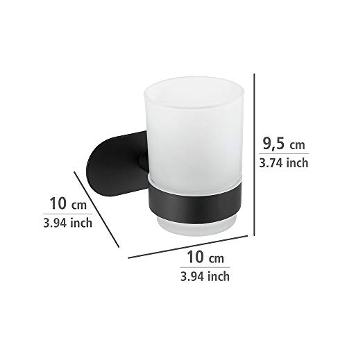 Wenko Turbo-Loc Uno Orea Black - Portacepillos de Dientes (fijación sin Agujeros, Vaso extraíble de Cristal Satinado, Soporte de Acero Inoxidable, 10 x 9,5 x 10 cm)