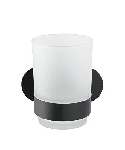 Wenko Turbo-Loc Uno Orea Black - Portacepillos de Dientes (fijación sin Agujeros, Vaso extraíble de Cristal Satinado, Soporte de Acero Inoxidable, 10 x 9,5 x 10 cm)
