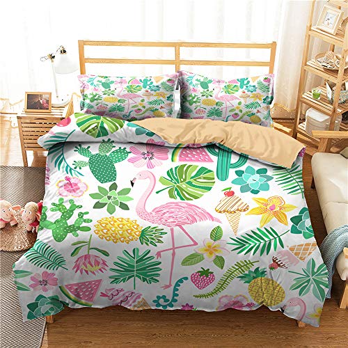WENYA Animales 3D Flamenco Juego de Cama Verano Rosa Verde Blanco Tropical Selva Hoja Floral Piña Helado Funda Nórdica y Funda de Almohada Microfibra Muchachas (Estilo 2, 150 x 200 cm - Cama 90 cm)