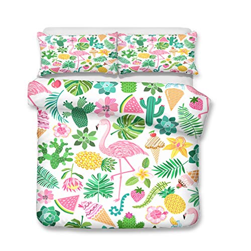 WENYA Animales 3D Flamenco Juego de Cama Verano Rosa Verde Blanco Tropical Selva Hoja Floral Piña Helado Funda Nórdica y Funda de Almohada Microfibra Muchachas (Estilo 2, 150 x 200 cm - Cama 90 cm)