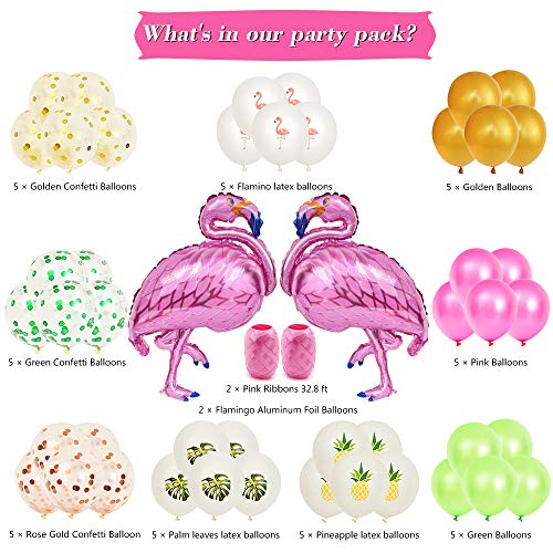 WERNNSAI Decoraciones de Fiesta Flamenco Hawaiano Tropical - Globos de Aluminio para Flamencos Hojas de Palmerapara Cumpleaños Baby Shower Wedding Party Supplies,47PCS
