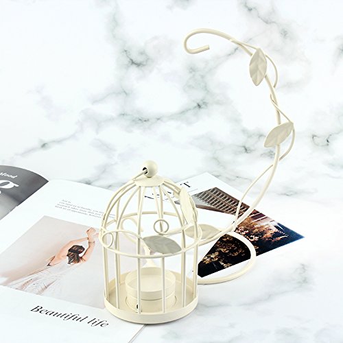 Westeng Hierro Hueca Candelabro Birdcage-Forma de Metal Hoja del árbol Romántica Vela Portavela Vintage Classic Decoración de Boda Hogar (Beige)