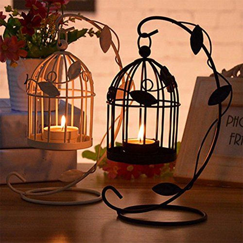 Westeng Hierro Hueca Candelabro Birdcage-Forma de Metal Hoja del árbol Romántica Vela Portavela Vintage Classic Decoración de Boda Hogar (Beige)