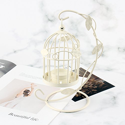 Westeng Hierro Hueca Candelabro Birdcage-Forma de Metal Hoja del árbol Romántica Vela Portavela Vintage Classic Decoración de Boda Hogar (Beige)