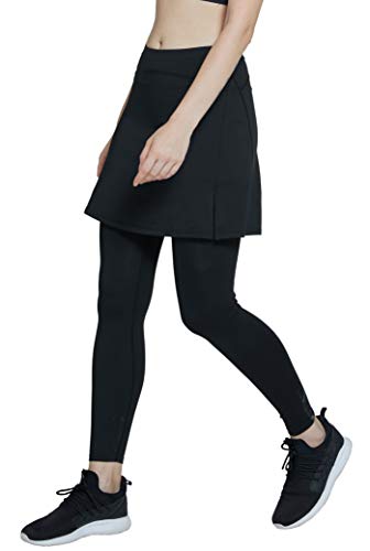 Westkun Mujer Falda Modesta con Pantalon de Deportes Corriendo Tenis Golf Mallas Ropa La Altura del Tobillo Falda con Legging 2 en 1(Negro-Longitud Tobillo,L)