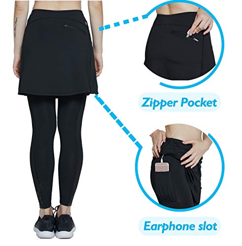 Westkun Mujer Falda Modesta con Pantalon de Deportes Corriendo Tenis Golf Mallas Ropa La Altura del Tobillo Falda con Legging 2 en 1(Negro-Longitud Tobillo,L)