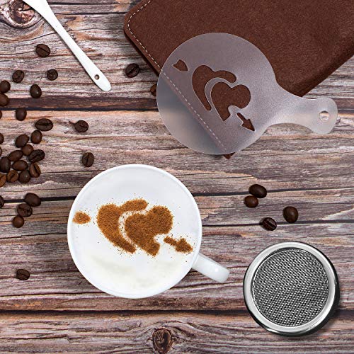 Whaline - Juego de 2 plumeros de acero inoxidable para batir chocolate con 16 plantillas de café capuchino y 1 chincheta de acero inoxidable para cocina, bebidas y hornear