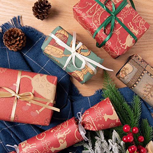 Whaline Papel de Envoltura de Regalos de Navidad, 76x50 cm Hojas Grandes, 8 Diseños, Embalaje de Regalo de Elementos de Navidad, Papel Kraft y Papel Recubierto