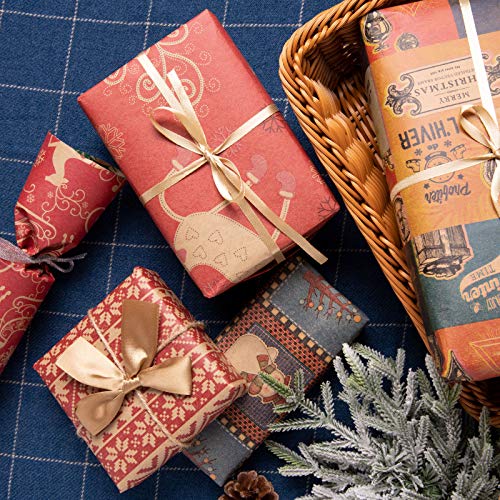 Whaline Papel de Envoltura de Regalos de Navidad, 76x50 cm Hojas Grandes, 8 Diseños, Embalaje de Regalo de Elementos de Navidad, Papel Kraft y Papel Recubierto