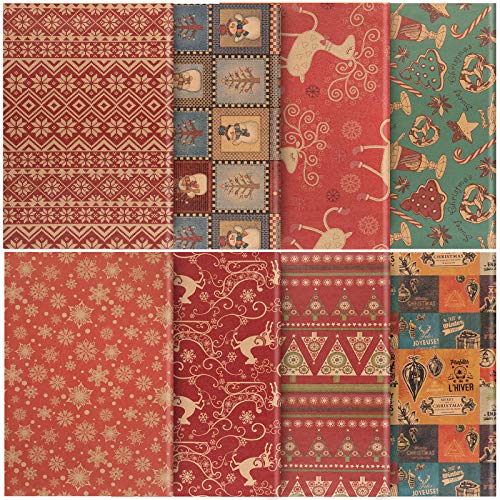 Whaline Papel de Envoltura de Regalos de Navidad, 76x50 cm Hojas Grandes, 8 Diseños, Embalaje de Regalo de Elementos de Navidad, Papel Kraft y Papel Recubierto