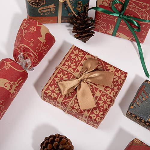Whaline Papel de Envoltura de Regalos de Navidad, 76x50 cm Hojas Grandes, 8 Diseños, Embalaje de Regalo de Elementos de Navidad, Papel Kraft y Papel Recubierto