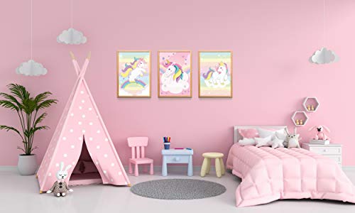 WIETRE® Juego de 3 figuras de unicornio para habitación de bebé, decoración para niñas, póster DIN A4, unicornio, regalo de animales, póster para niñas, decoración de arco iris, sin marco