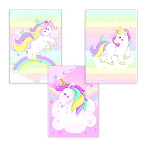 WIETRE® Juego de 3 figuras de unicornio para habitación de bebé, decoración para niñas, póster DIN A4, unicornio, regalo de animales, póster para niñas, decoración de arco iris, sin marco