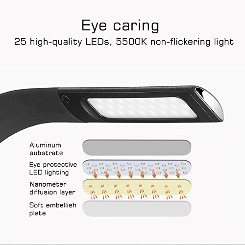 WILIT U2C 7W Lámpara de Escritorio LED Recargable, Lámpara de mesa con protección para los ojos, 3 niveles de brillo ajustables, negro