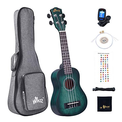 Winzz Ukelele Soprano Principiante para Niños Adulto con 6 Accesorios, Diseño de Color Único - 21 Pulgadas Cian Oscuro