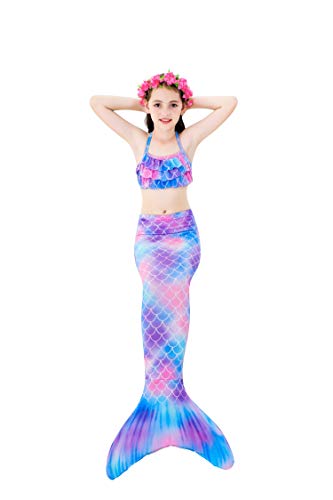 Wishliker - Disfraz de sirena con cola, bikini y aleta para niña (conjunto de 4 piezas), Primavera-verano, Niñas, color A8lila+xiaohei, tamaño 120 cm
