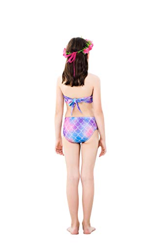 Wishliker - Disfraz de sirena con cola, bikini y aleta para niña (conjunto de 4 piezas), Primavera-verano, Niñas, color A8lila+xiaohei, tamaño 120 cm