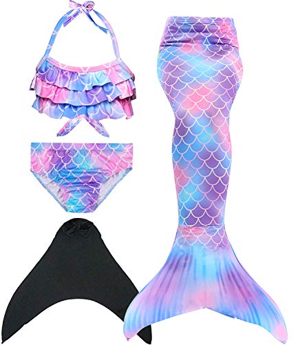 Wishliker - Disfraz de sirena con cola, bikini y aleta para niña (conjunto de 4 piezas), Primavera-verano, Niñas, color A8lila+xiaohei, tamaño 120 cm