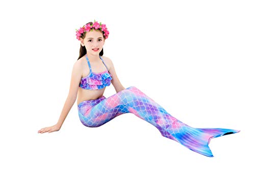 Wishliker - Disfraz de sirena con cola, bikini y aleta para niña (conjunto de 4 piezas), Primavera-verano, Niñas, color A8lila+xiaohei, tamaño 120 cm