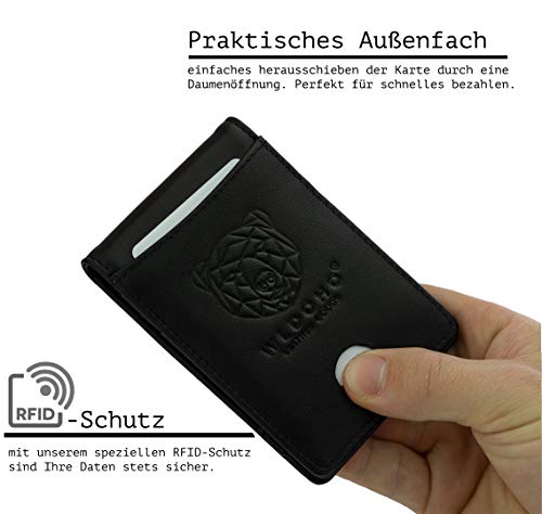 WLDOHO Cartera Delgada de Cuero para Hombre I Tarjetero con Protección RFID I Estuche para 6 Tarjetas Bancarias y Pinza para Billete I Monedero con Cierre Magnético (Negro)