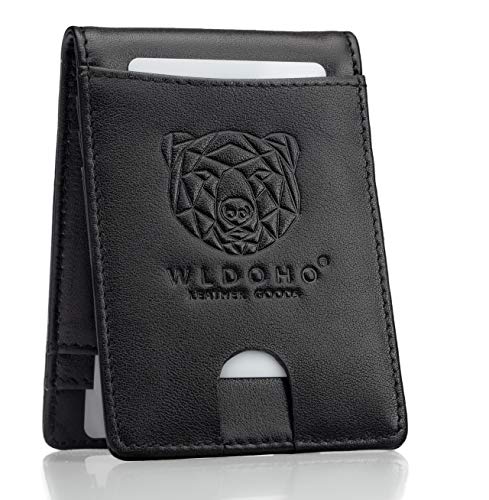 WLDOHO Cartera Delgada de Cuero para Hombre I Tarjetero con Protección RFID I Estuche para 6 Tarjetas Bancarias y Pinza para Billete I Monedero con Cierre Magnético (Negro)