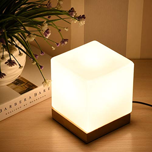 Wlgt Lámpara de mesa creativa pequeña de vidrio cuadrado Dormitorio Lámpara de mesita nórdica simple Azúcar Dulce Decoración romántica Lámpara de mesa de material de madera sólida