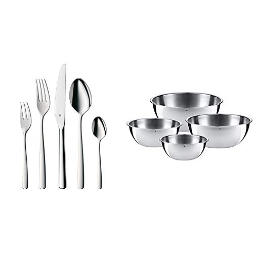 WMF Boston Cubertería, Compuesto por 60 Piezas Personas Cuchillos Mesa, Tenedores de Postre, 12 cucharas café, Acero Inoxidable Pulido, Unidades + Gourmet-Set de 4 Boles, Acero Inoxidable Mate