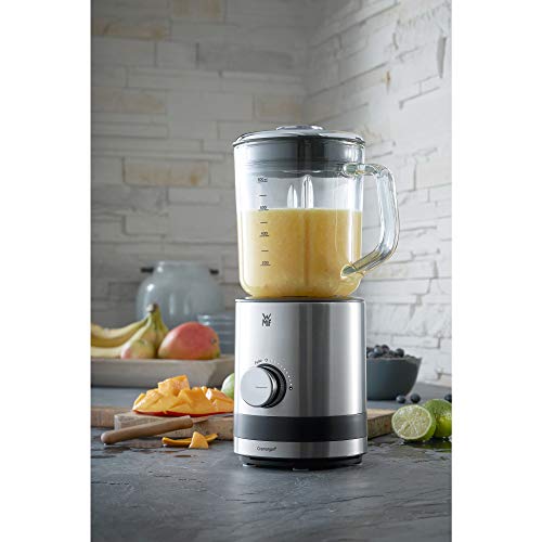 WMF Kitchenminis - Batidora de vaso 400 W,0.8 litros, 6 cuchillas, recipiente de vidrio, acabado de acero inoxidable cromargan mate, 5 velocidades, negro/transparente