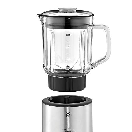 WMF Kitchenminis - Batidora de vaso 400 W,0.8 litros, 6 cuchillas, recipiente de vidrio, acabado de acero inoxidable cromargan mate, 5 velocidades, negro/transparente