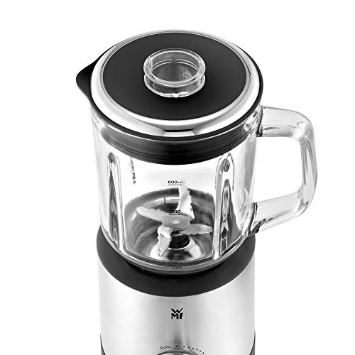 WMF Kitchenminis - Batidora de vaso 400 W,0.8 litros, 6 cuchillas, recipiente de vidrio, acabado de acero inoxidable cromargan mate, 5 velocidades, negro/transparente