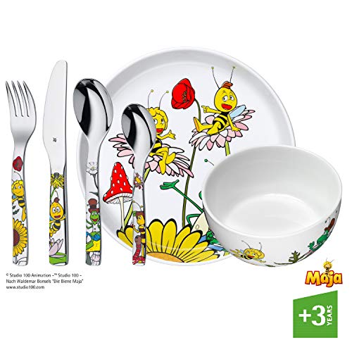 WMF La abeja Maya - Vajilla para niños 6 piezas, incluye plato, cuenco y cubertería (tenedor, cuchillo de mesa, cuchara y cuchara pequeña) (WMF Kids infantil)