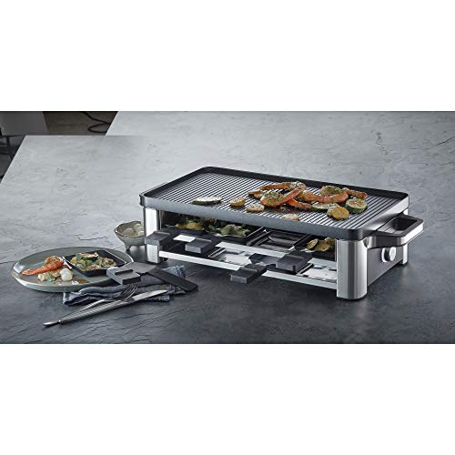 WMF Lono Parrilla Raclette y grill, 1500 W, Parrillas Antiadherentes, 8 Espatulas y 8 Sartencitas, Apta para Crepes, Acero Cromargan