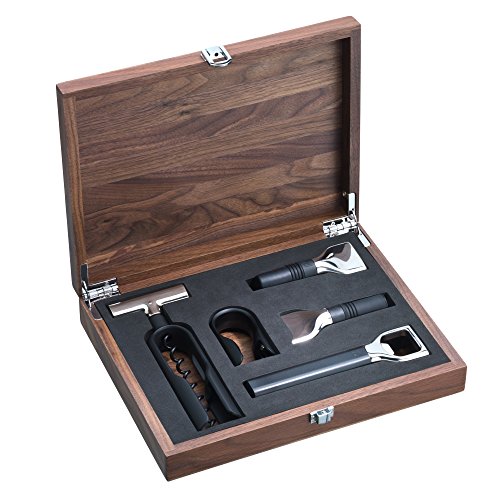 WMF Negro baric Sommelier Set, 5 Piezas en Caja de Madera de Nogal, sacacorchos, Cortador, Botella Cierre, decantador de Vino, abrebotellas, Color, Plástico