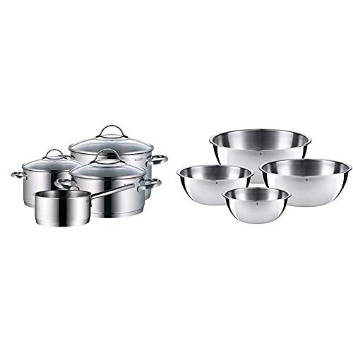WMF Provence Plus - Batería de Cocina, Acero Inoxidable Cromargan, Tapas de Cristal, Apta para Todo Tipo de Cocinas, 4 Piezas + Gourmet-Set de 4 Boles, Acero Inoxidable Mate
