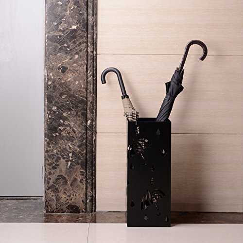 WOLTU Paragüero de Diseño Cuadrado Metal Soporte Paraguas con Ganchos y Plato de Plastico, Bandeja Recogegotas 20 x 20 x 49 cm Negro SST01sz