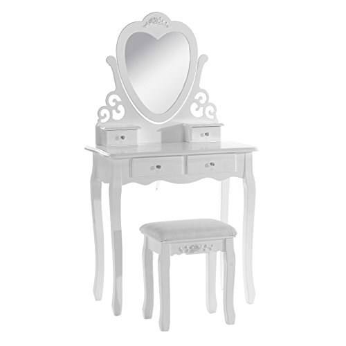 WOLTU Tocador con Espejo y Taburete 4 Cajones MDF y Madera de Pino Macizo Blanco 74.5 x 138 x 40 cm MB6025cm