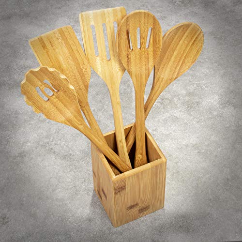 woodluv - Juego de 6 Utensilios de Cocina (bambú, Incluye espátula, Cuchara ranurada, Cuchara sólida, Servidor de Pasta, espátula sólida y contenedor de Base de encimera)